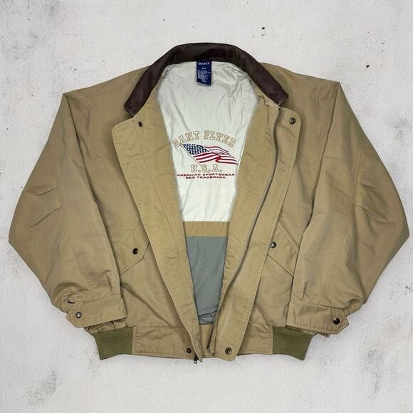 GANT Flyer USA Bomber Jacket M Brown Collar Flag Patch Lined Vintage 90s Men’s - Picture 1 of 14